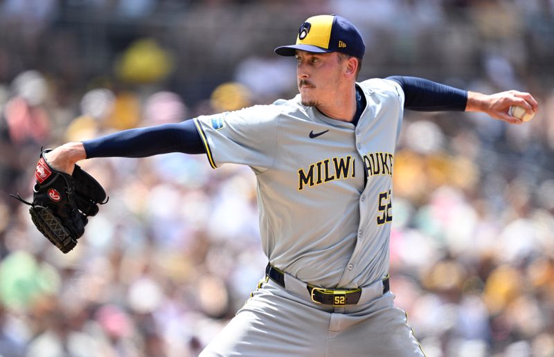 Jun 23, 2024; San Diego, California, USA; Milwaukee Brewers relief pitcher Bryan Hudson (52) pitches against the San Diego Padres during the sixth inning at Petco Park. Mandatory Credit: Orlando Ramirez-USA TODAY Sports