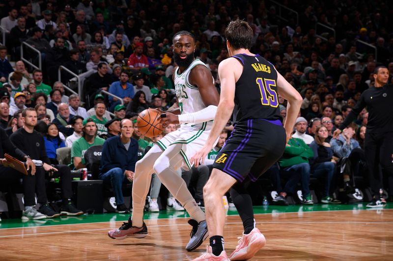 BOSTON, MA - FEBRUARY 1:  Jaylen Brown #7 of the Boston Celtics handles the ball during the game  against the Los Angeles Lakers on February 1, 2024 at the TD Garden in Boston, Massachusetts. NOTE TO USER: User expressly acknowledges and agrees that, by downloading and or using this photograph, User is consenting to the terms and conditions of the Getty Images License Agreement. Mandatory Copyright Notice: Copyright 2024 NBAE  (Photo by Brian Babineau/NBAE via Getty Images)