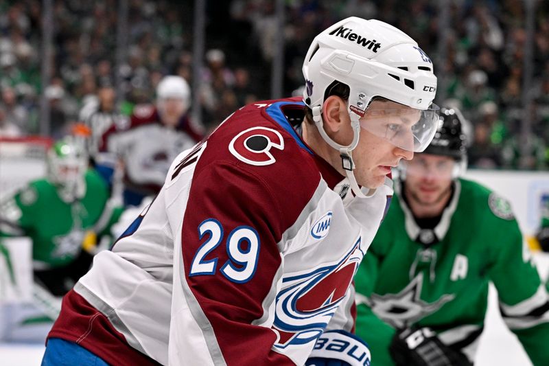 Mar 6, 2026; Dallas, Texas, USA; Colorado Avalanche center Nathan MacKinnon (29) skates against the Dallas Stars during the third period at the American Airlines Center. Mandatory Credit: Jerome Miron-Imagn Images