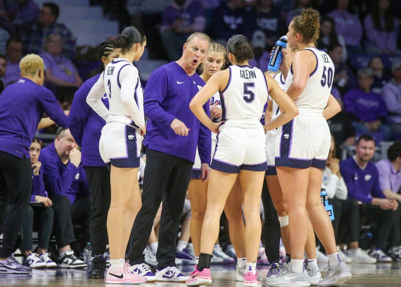 Mar 24, 2024; Manhattan, Kansas, USA; Kansas State Wildcstas head coach Jeff Mittie instructs his team during a timeout in the fourth quarter against the Colorado Buffaloes at Bramlage Coliseum. Mandatory Credit: Scott Sewell-USA TODAY Sports