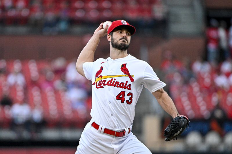 Aug 15, 2023; St. Louis, Missouri, USA;  St. Louis Cardinals starting pitcher Dakota Hudson (43) pitches against the Oakland Athletics during the first inning at Busch Stadium. Mandatory Credit: Jeff Curry-USA TODAY Sports