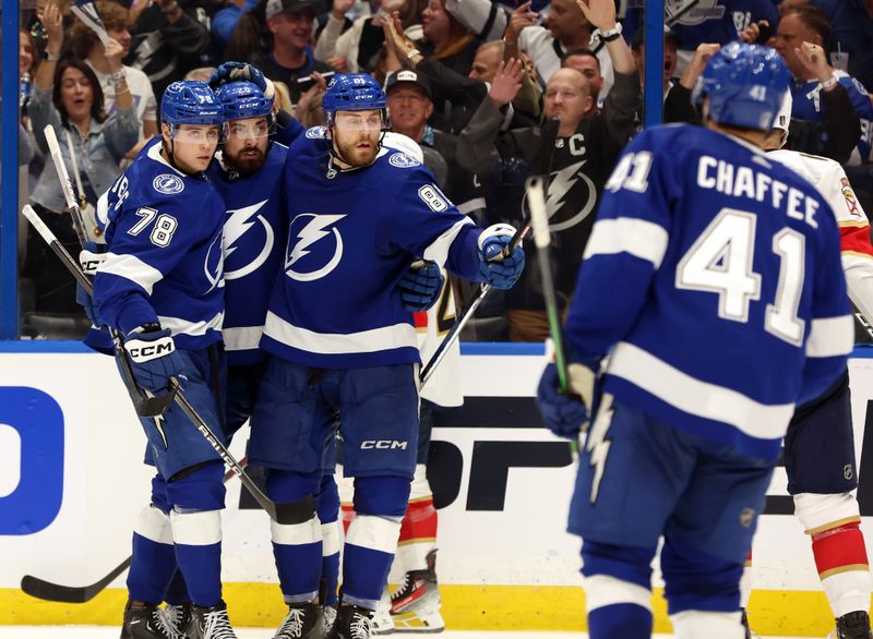 Apr 25, 2024; Tampa, Florida, USA; Tampa Bay Lightning left wing Nicholas Paul (20) is congratulated by defenseman Emil Lilleberg (78) and defenseman Erik Cernak (81) during the third period in game three of the first round of the 2024 Stanley Cup Playoffs at Amalie Arena. Mandatory Credit: Kim Klement Neitzel-USA TODAY Sports