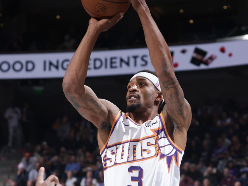 SALT LAKE CITY, UT - NOVEMBER 12: Bradley Beal #3 of the Phoenix Suns shoots the ball during the game against the Utah Jazz during the Emirates NBA Cup game on November 12, 2024 at vivint.SmartHome Arena in Salt Lake City, Utah. NOTE TO USER: User expressly acknowledges and agrees that, by downloading and or using this Photograph, User is consenting to the terms and conditions of the Getty Images License Agreement. Mandatory Copyright Notice: Copyright 2024NBAE (Photo by Melissa Majchrzak/NBAE via Getty Images)