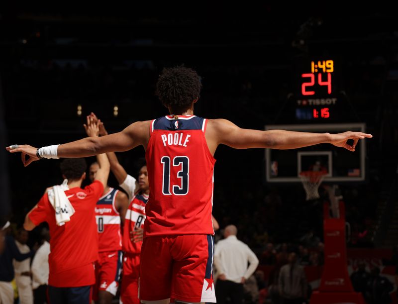 WASHINGTON, DC -? FEBRUARY 12:  Jordan Poole #13 of the Washington Wizards celebrates during the game against the Indiana Pacers on February 12, 2025 at Capital One Arena in Washington, DC. NOTE TO USER: User expressly acknowledges and agrees that, by downloading and or using this Photograph, user is consenting to the terms and conditions of the Getty Images License Agreement. Mandatory Copyright Notice: Copyright 2025 NBAE (Photo by Stephen Gosling/NBAE via Getty Images)