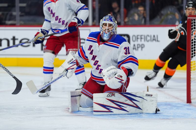 Nov 29, 2024; Philadelphia, Pennsylvania, USA; New York Rangers goalie Igor Shesterkin (31) in action against the Philadelphia Flyers in the first period at Wells Fargo Center. Mandatory Credit: Kyle Ross-Imagn Images