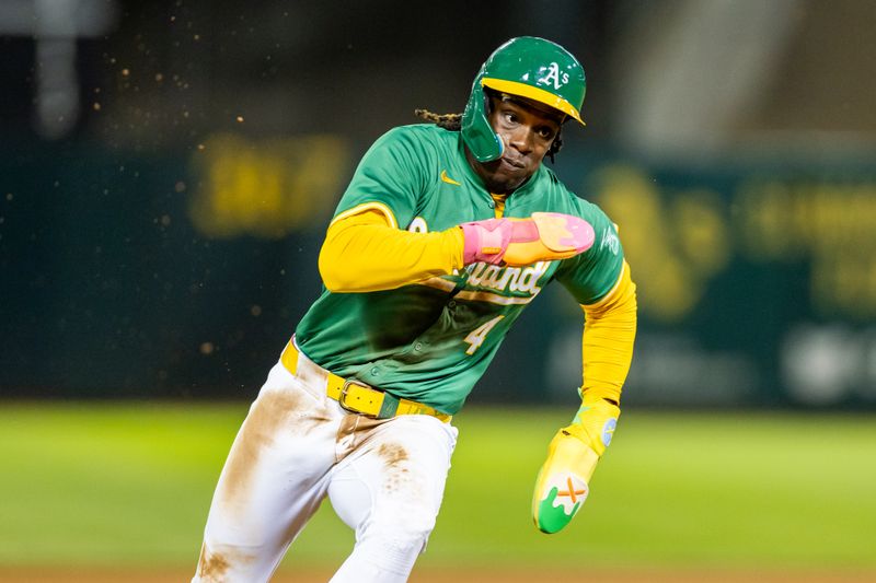 Sep 20, 2024; Oakland, California, USA; Oakland Athletics outfielder Lawrence Butler (4) during the fourth inning against the New York Yankees at Oakland-Alameda County Coliseum. Mandatory Credit: Bob Kupbens-Imagn Images