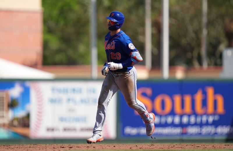 Mar 1, 2023; Jupiter, Florida, USA; New York Mets first baseman Pete Alonso (20) rounds the bases after hitting a home run in the fifth inning against Miami Marlins at Roger Dean Stadium. Mandatory Credit: Jim Rassol-USA TODAY Sports