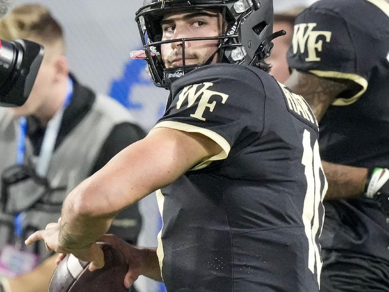 Dec 4, 2021; Charlotte, NC, USA; Wake Forest Demon Deacons quarterback Sam Hartman (10) warms up before the ACC championship game against the Pittsburgh Panthers at Bank of America Stadium. Mandatory Credit: Jim Dedmon-USA TODAY Sports