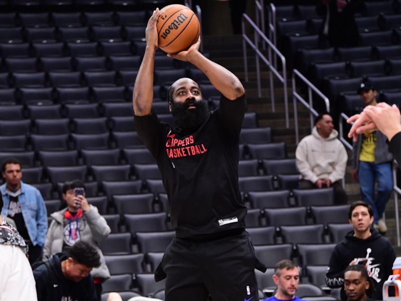 LOS ANGELES, CA - FEBRUARY 7: James Harden #1 of the LA Clippers warms up before the game against the New Orleans Pelicans on February 7, 2024 at Crypto.Com Arena in Los Angeles, California. NOTE TO USER: User expressly acknowledges and agrees that, by downloading and/or using this Photograph, user is consenting to the terms and conditions of the Getty Images License Agreement. Mandatory Copyright Notice: Copyright 2024 NBAE (Photo by Adam Pantozzi/NBAE via Getty Images)