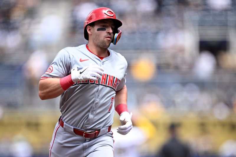 May 1, 2024; San Diego, California, USA; Cincinnati Reds left fielder Spencer Steer (7) rounds the bases after hitting a home run against the San Diego Padres during the first inning at Petco Park. Mandatory Credit: Orlando Ramirez-USA TODAY Sports