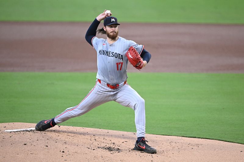 Aug 20, 2024; San Diego, California, USA; Minnesota Twins starting pitcher Bailey Ober (17) pitches against the San Diego Padres during the first inning at Petco Park. Mandatory Credit: Orlando Ramirez-USA TODAY Sports