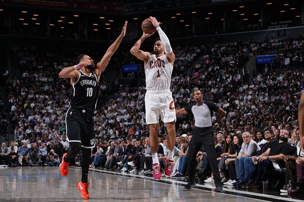 BROOKLYN, NY - OCTOBER 25: Max Strus #1 of the Cleveland Cavaliers shoots the ball during the game against the Brooklyn Nets on October 25, 2023 at Barclays Center in Brooklyn, New York. NOTE TO USER: User expressly acknowledges and agrees that, by downloading and or using this Photograph, user is consenting to the terms and conditions of the Getty Images License Agreement. Mandatory Copyright Notice: Copyright 2023 NBAE (Photo by Jesse D. Garrabrant/NBAE via Getty Images)