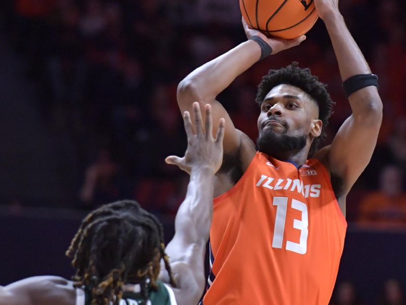 Jan 11, 2024; Champaign, Illinois, USA;  Illinois Fighting Illini forward Quincy Guerrier (13) shoots the ball over Michigan State Spartans forward Coen Carr (55) during the first half at State Farm Center. Mandatory Credit: Ron Johnson-USA TODAY Sports