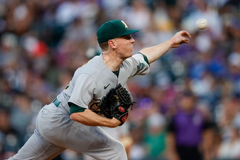 Jul 28, 2023; Denver, Colorado, USA; Oakland Athletics starting pitcher JP Sears (38) pitches in the fourth inning against the Colorado Rockies at Coors Field. Mandatory Credit: Isaiah J. Downing-USA TODAY Sports