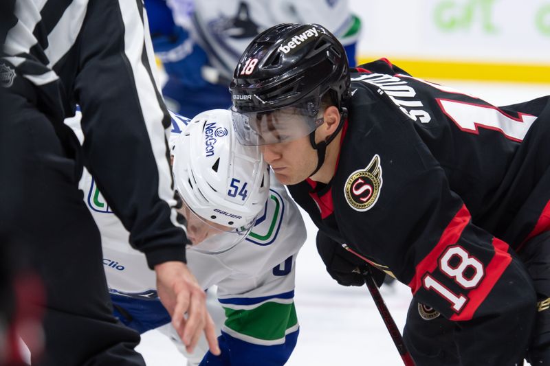 Nov 23, 2024; Ottawa, Ontario, CAN; Vancouver Canucks center Aatu Raty (54) faces off against Ottawa Senators center Tim Stutzle (18) in the second period at the Canadian Tire Centre. Mandatory Credit: Marc DesRosiers-Imagn Images