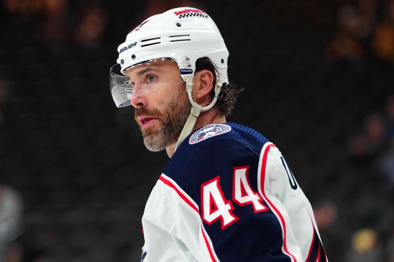 Mar 23, 2024; Las Vegas, Nevada, USA; Columbus Blue Jackets defenseman Erik Gudbranson (44) warms up before a game against the Vegas Golden Knights at T-Mobile Arena. Mandatory Credit: Stephen R. Sylvanie-USA TODAY Sports