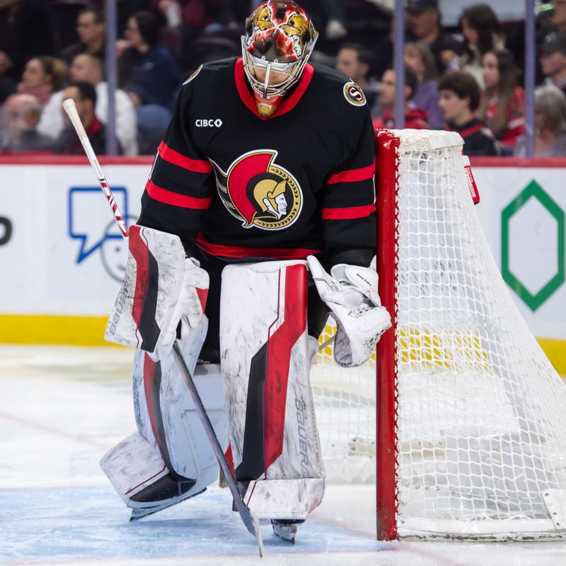 Jan 16, 2025; Ottawa, Ontario, CAN; Ottawa Senators goalie Leevi Merilainen (1) skates in the second period against the Washington Capitals at the Canadian Tire Centre. Mandatory Credit: Marc DesRosiers-Imagn Images