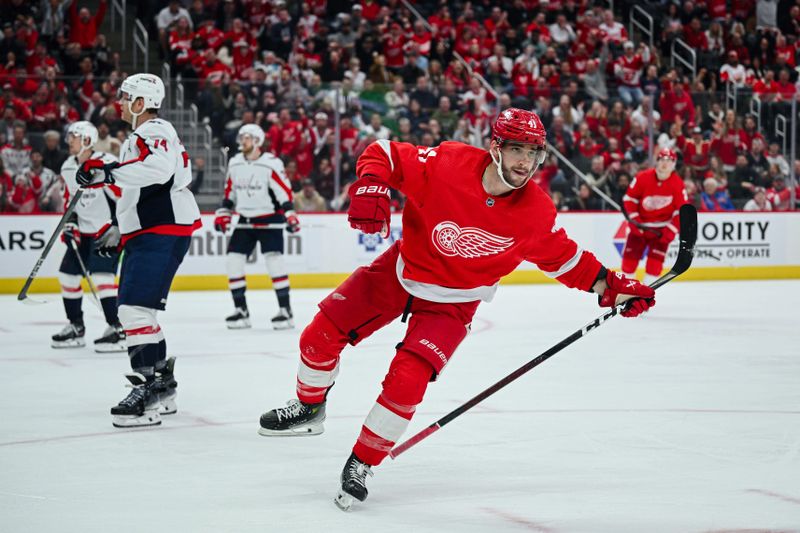 Feb 27, 2024; Detroit, Michigan, USA; Detroit Red Wings defenseman Shayne Gostisbehere (41) celebrates his goal during the second period against the Washington Capitals at Little Caesars Arena. Mandatory Credit: Tim Fuller-USA TODAY Sports