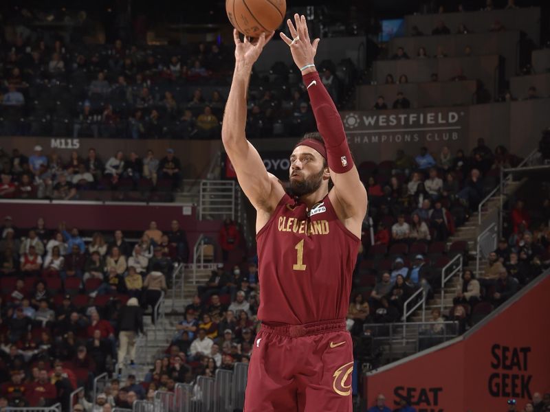 CLEVELAND, OH - FEBRUARY 23: Max Strus #1 of the Cleveland Cavaliers shoots the ball during the game against the Memphis Grizzlies on February 23 , 2025 at Rocket Arena in Cleveland, Ohio. NOTE TO USER: User expressly acknowledges and agrees that, by downloading and/or using this Photograph, user is consenting to the terms and conditions of the Getty Images License Agreement. Mandatory Copyright Notice: Copyright 2025 NBAE (Photo by David Liam Kyle/NBAE via Getty Images)