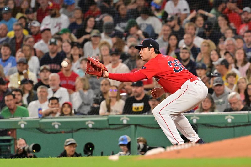 Sep 27, 2024; Boston, Massachusetts, USA; Boston Red Sox first baseman Triston Casas (36) makes a catch for an out against the Tampa Bay Rays during the sixth inning at Fenway Park. Mandatory Credit: Eric Canha-Imagn Images