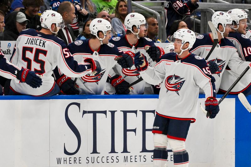 Oct 1, 2024; St. Louis, Missouri, USA;  Columbus Blue Jackets center Gavin Brindley (45) is congratulated by teammates after scoring against the St. Louis Blues during the second period at Enterprise Center. Mandatory Credit: Jeff Curry-Imagn Images