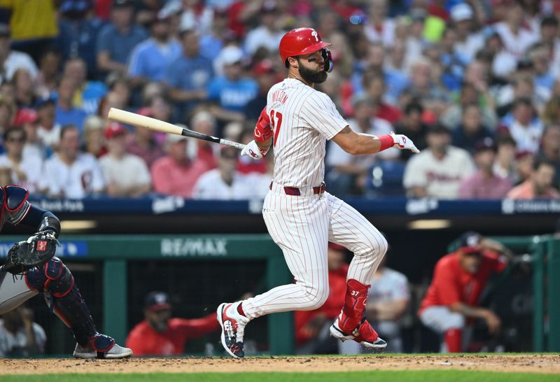 Aug 17, 2024; Philadelphia, Pennsylvania, USA; Philadelphia Phillies outfielder Weston Wilson (37) hits a single against the Washington Nationals in the third inning at Citizens Bank Park. Mandatory Credit: Kyle Ross-USA TODAY Sports