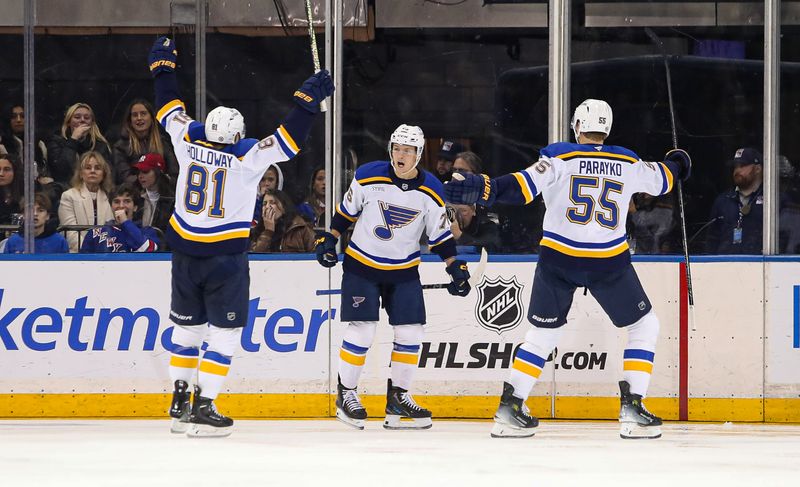Nov 25, 2024; New York, New York, USA; St. Louis Blues center Zack Bolduc (76) celebrates his goal with center Dylan Holloway (81) and defenseman Colton Parayko (55) during the second period against the New York Rangers at Madison Square Garden. Mandatory Credit: Danny Wild-Imagn Images