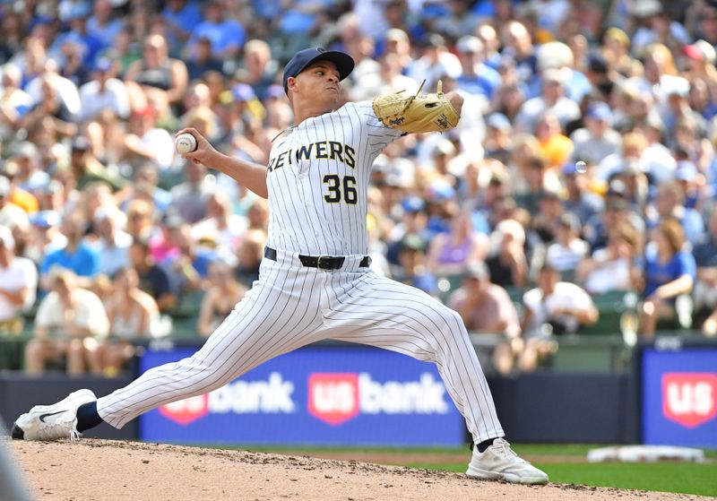 Jun 29, 2024; Milwaukee, Wisconsin, USA; Milwaukee Brewers pitcher Tobias Myers (36) delivers a pitch in the fourth inning against the Chicago Cubs at American Family Field. Mandatory Credit: Michael McLoone-USA TODAY Sports