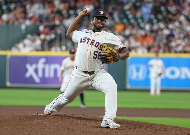 Apr 13, 2024; Houston, Texas, USA; Houston Astros pitcher Ronel Blanco (56) pitches against the Texas Rangers in the first inning at Minute Maid Park. Mandatory Credit: Thomas Shea-USA TODAY Sports