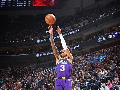 SALT LAKE CITY, UT - NOVEMBER 27: Keyonte George #3 of the Utah Jazz shoots a three point basket during the game against the New Orleans Pelicans on November 27, 2023 at Delta Center in Salt Lake City, Utah. NOTE TO USER: User expressly acknowledges and agrees that, by downloading and or using this Photograph, User is consenting to the terms and conditions of the Getty Images License Agreement. Mandatory Copyright Notice: Copyright 2023 NBAE (Photo by Melissa Majchrzak/NBAE via Getty Images)