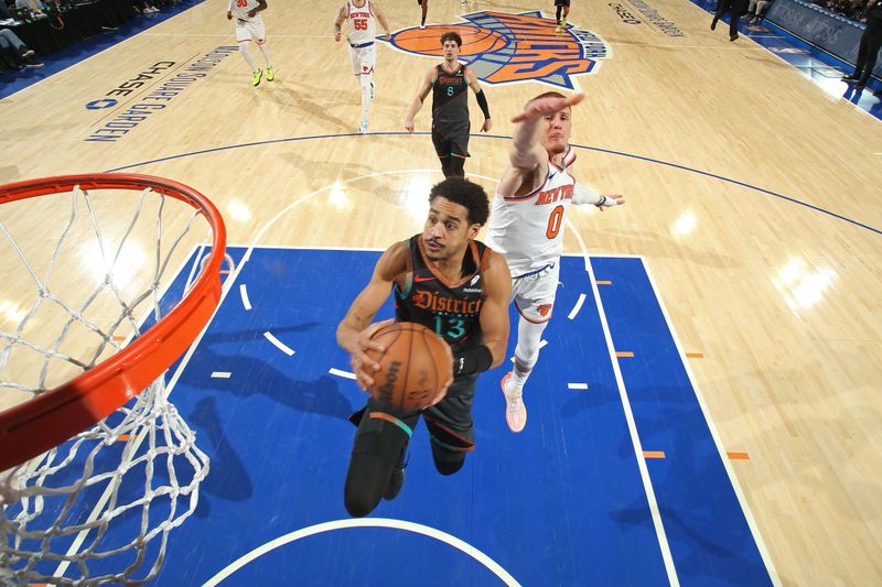 NEW YORK, NY - JANUARY 18: Jordan Poole #13 of the Washington Wizards drives to the basket during the game against the New York Knicks on January 18, 2024 at Madison Square Garden in New York City, New York. NOTE TO USER: User expressly acknowledges and agrees that, by downloading and or using this photograph, User is consenting to the terms and conditions of the Getty Images License Agreement. Mandatory Copyright Notice: Copyright 2024 NBAE  (Photo by Nathaniel S. Butler/NBAE via Getty Images)