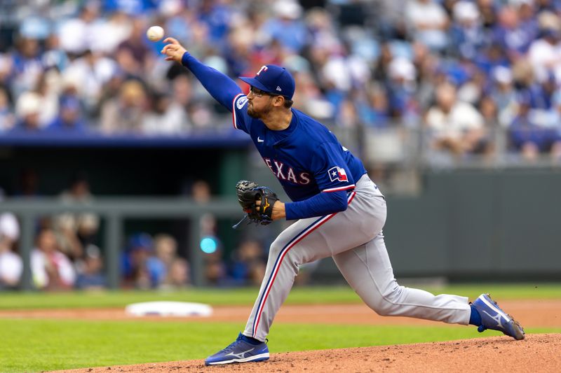 May 4, 2024; Kansas City, Missouri, USA; Texas Rangers pitcher Dane Dunning (33) pitching during the first inning against the Kansas City Royals at Kauffman Stadium. Mandatory Credit: William Purnell-USA TODAY Sports