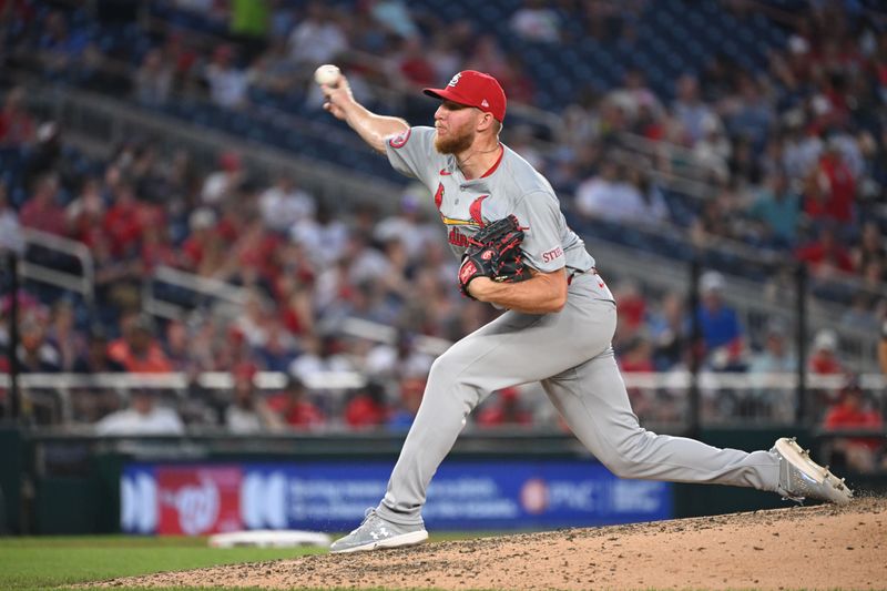 Jul 5, 2024; Washington, District of Columbia, USA; St. Louis Cardinals relief pitcher Chris Roycroft (58) throws a pitch against the Washington Nationals during the sixth inning at Nationals Park. Mandatory Credit: Rafael Suanes-USA TODAY Sports