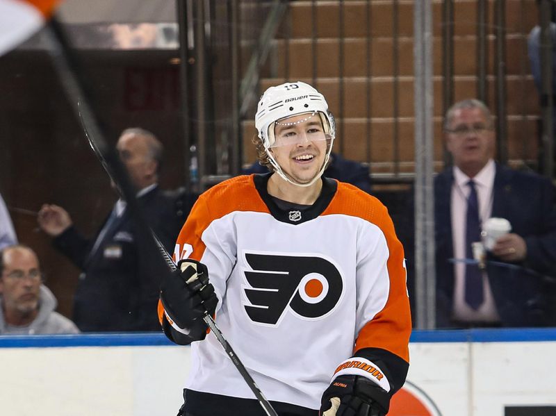 Apr 11, 2024; New York, New York, USA; Philadelphia Flyers right wing Bobby Brink (10) celebrates his goal against the New York Rangers during the second period at Madison Square Garden. Mandatory Credit: Danny Wild-USA TODAY Sports