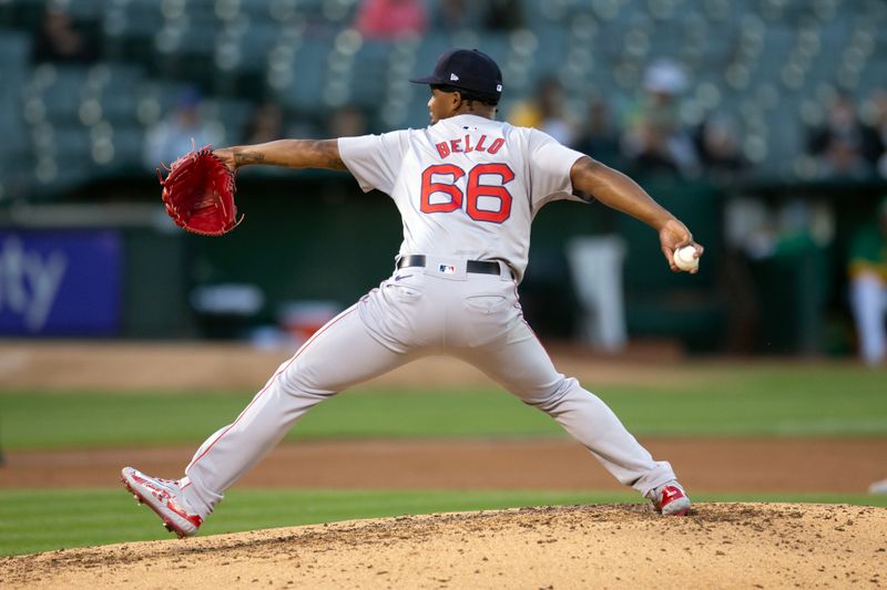 Apr 2, 2024; Oakland, California, USA; Boston Red Sox pitcher Brayan Bello (66) delivers a pitch against the Oakland Athletics during the second inning at Oakland-Alameda County Coliseum. Mandatory Credit: D. Ross Cameron-USA TODAY Sports
