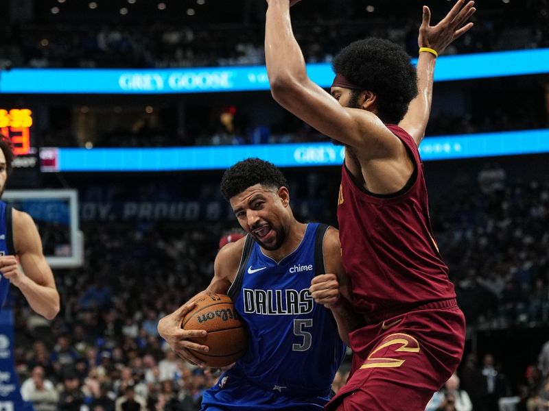 DALLAS, TX - JANUARY 03:  Quentin Grimes #5 of the Dallas Mavericks drives to the basket during the game against the Cleveland Cavaliers on January 3, 2025 at American Airlines Center in Dallas, Texas. NOTE TO USER: User expressly acknowledges and agrees that, by downloading and or using this photograph, User is consenting to the terms and conditions of the Getty Images License Agreement. Mandatory Copyright Notice: Copyright 2025 NBAE (Photo by Glenn James/NBAE via Getty Images)