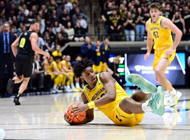 Jan 23, 2024; West Lafayette, Indiana, USA; Michigan Wolverines forward Tarris Reed Jr. (32) goes after a loose ball during the first half against the Purdue Boilermakers at Mackey Arena. Mandatory Credit: Marc Lebryk-USA TODAY Sports