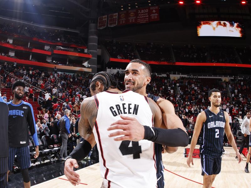 HOUSTON, TX - MARCH 10: Jalen Green #4 of the Houston Rockets and Trevelin Queen #12 of the Orlando Magic embrace after the game between the Orlando Magic and the Houston Rockets on March 10, 2025 at the Toyota Center in Houston, Texas. NOTE TO USER: User expressly acknowledges and agrees that, by downloading and or using this photograph, User is consenting to the terms and conditions of the Getty Images License Agreement. Mandatory Copyright Notice: Copyright 2025 NBAE (Photo by Logan Riely/NBAE via Getty Images)