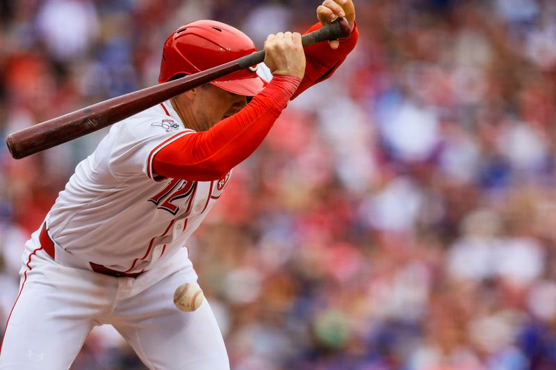 May 25, 2025; Cincinnati, Ohio, USA; Cincinnati Reds outfielder Austin Hays (12) gets hit by a wild pitch in the seventh inning against the Chicago Cubs at Great American Ball Park. Mandatory Credit: Katie Stratman-Imagn Images