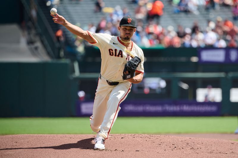 Apr 10, 2024; San Francisco, California, USA; San Francisco Giants starting pitcher Jordan Hicks (12) throws a pitch against the Washington Nationals during the first inning at Oracle Park. Mandatory Credit: Robert Edwards-USA TODAY Sports