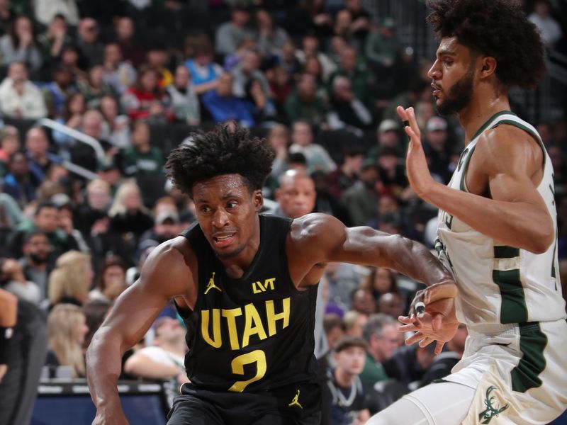 MILWAUKEE, WI - NOVEMBER 7: Collin Sexton #2 of the Utah Jazz drives to the basket during the game against the Milwaukee Bucks on November 7, 2024 at Fiserv Forum Center in Milwaukee, Wisconsin. NOTE TO USER: User expressly acknowledges and agrees that, by downloading and or using this Photograph, user is consenting to the terms and conditions of the Getty Images License Agreement. Mandatory Copyright Notice: Copyright 2024 NBAE (Photo by Gary Dineen/NBAE via Getty Images).