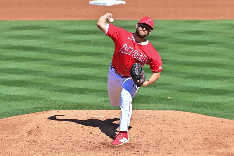 Feb 29, 2024; Tempe, Arizona, USA;  Los Angeles Angels starting pitcher Chase Silseth (63) throws in the fourth inning against the Cleveland Guardians during a spring training game at Tempe Diablo Stadium. Mandatory Credit: Matt Kartozian-USA TODAY Sports