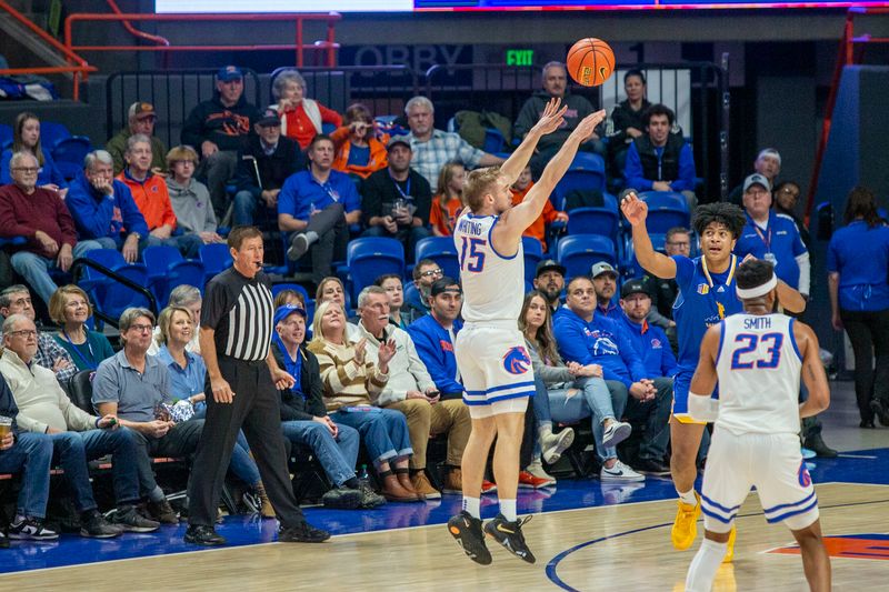 Jan 3, 2023; Boise, Idaho, USA; Boise State Broncos guard Jace Whiting (15) attempts a three-point shot during the first half against the San Jose State Spartans at ExtraMile Arena. Mandatory Credit: Brian Losness-USA TODAY Sports

