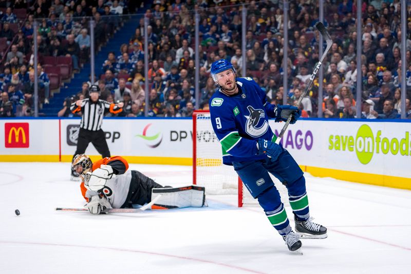 Oct 11, 2024; Vancouver, British Columbia, CAN; Vancouver Canucks forward J.T. Miller (9) reacts after Philadelphia Flyers goalie Samuel Ersson (33) made a save during the shootout at Rogers Arena. Mandatory Credit: Bob Frid-Imagn Images