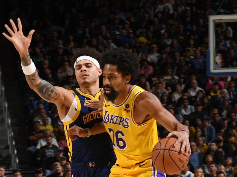 SAN FRANCISCO, CA - FEBRUARY 22:  Spencer Dinwiddie #26 of the Los Angeles Lakers goes to the basket during the game  on February 22, 2024 at Chase Center in San Francisco, California. NOTE TO USER: User expressly acknowledges and agrees that, by downloading and or using this photograph, user is consenting to the terms and conditions of Getty Images License Agreement. Mandatory Copyright Notice: Copyright 2024 NBAE (Photo by Noah Graham/NBAE via Getty Images)