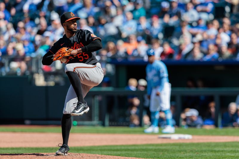 Apr 21, 2024; Kansas City, Missouri, USA; Baltimore Orioles pitcher Dillon Tate (55) pitching during the ninth inning against the Kansas City Royals at Kauffman Stadium. Mandatory Credit: William Purnell-USA TODAY Sports