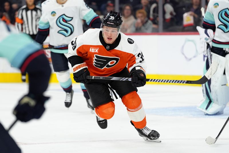 Oct 20, 2025; Philadelphia, Pennsylvania, USA; Philadelphia Flyers right wing Matvei Michkov (39) in action against the Seattle Kraken in the second period at Xfinity Mobile Arena. Mandatory Credit: Kyle Ross-Imagn Images