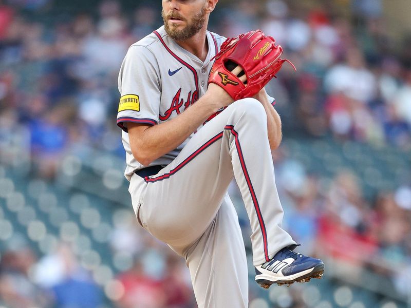 Aug 28, 2024; Minneapolis, Minnesota, USA; Atlanta Braves starting pitcher Chris Sale (51) delivers a pitch against the Minnesota Twins during the second inning at Target Field. Mandatory Credit: Matt Krohn-USA TODAY Sports