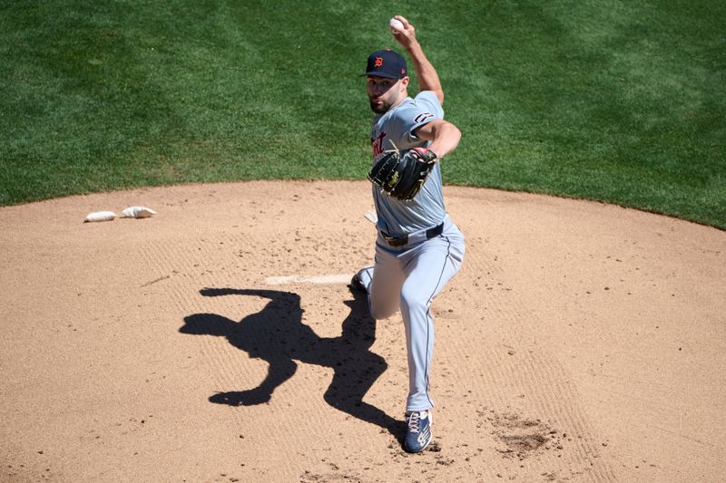 Sep 7, 2024; Oakland, California, USA; Detroit Tigers starting pitcher Brenan Hanifee (75) throws a pitch against the Oakland Athletics during the first inning at Oakland-Alameda County Coliseum. Mandatory Credit: Robert Edwards-Imagn Images