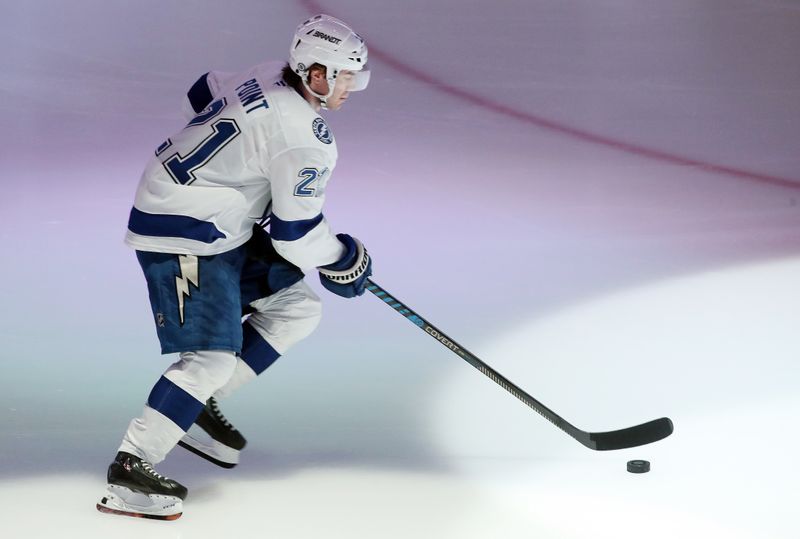 Nov 19, 2024; Pittsburgh, Pennsylvania, USA; Tampa Bay Lightning center Brayden Point (21) takes the ice to warm up before the game against the Pittsburgh Penguins at PPG Paints Arena. Mandatory Credit: Charles LeClaire-Imagn Images